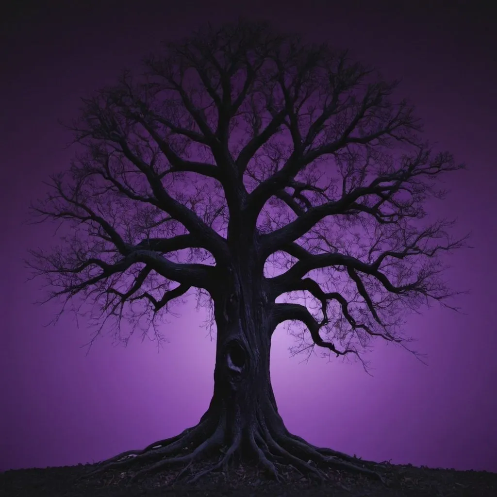 Prompt: black tree, purple background, night time, haunted tree