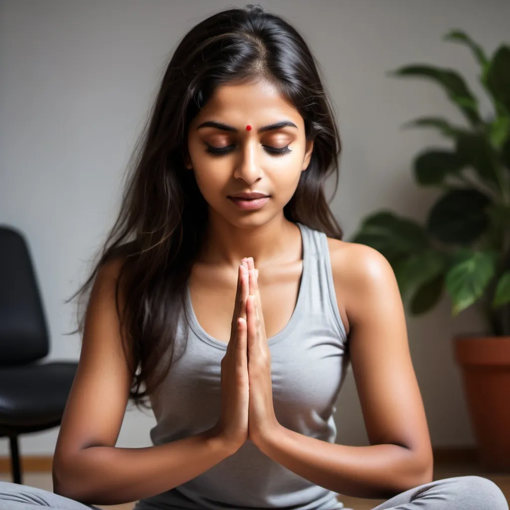 Prompt: Stress Management Techniques: Breathing exercises, relaxation techniques, or productivity. with a beautiful indian girl