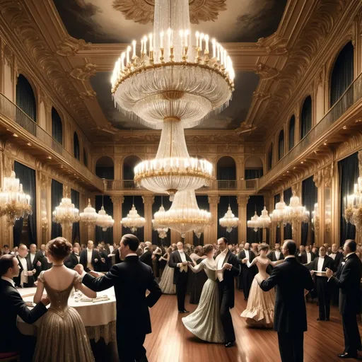 Prompt: An opulent ballroom filled with elegantly dressed men and women from the early 1900s, dancing under a massive crystal chandelier. The room is adorned with gold details, velvet curtains, and polished wooden floors. A live orchestra plays in the background."