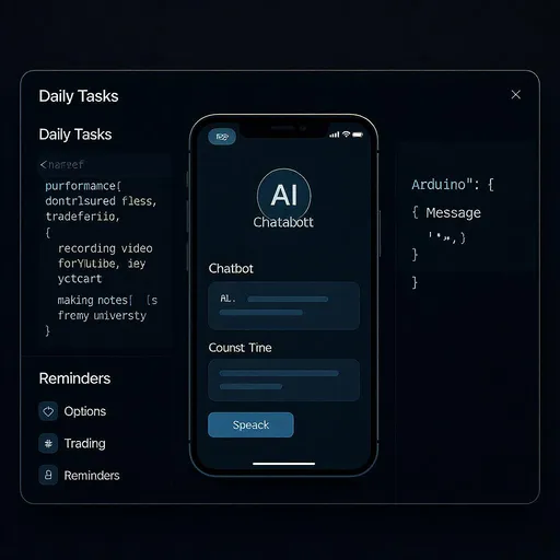 Prompt: A sleek, futuristic interface is displayed within a dark-themed computer screen, showcasing a multi-functional chatbot application. Centrally positioned, the application features a prominent area for AI responses, inviting user interaction with text boxes for speaking and messaging. To the left, a "Daily Tasks" section outlines tasks like "recording video for YouTube" and "making notes for my university," while reminders and trading options are easily accessible. The code for an Arduino project, written in a clear font, reflects the chatbot's capabilities in assisting with programming tasks. The overall design emphasizes a tech-savvy aesthetic, with a clear layout that enhances user experience through intuitive navigation and visually engaging elements.