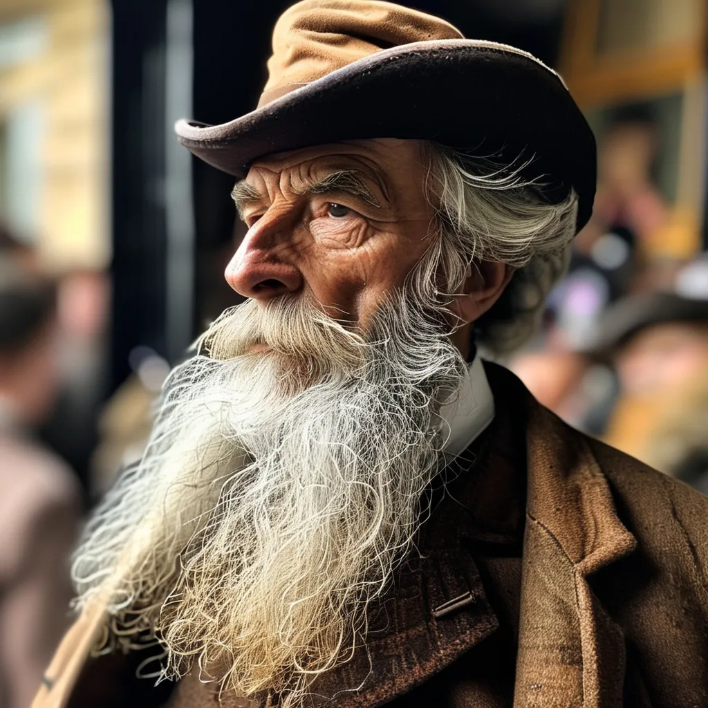 Prompt: Monsieur Carter had a long crooked nose, a very sharp handlebar moustache with a long, thin sharp end accompanied by a thicket of white beard. His hat, which had a cartouche embroidered on it,  was made from fine leather. The coat was rather worn by age and was not a pleasant sight. 