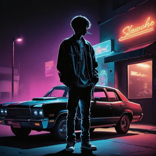 Prompt: A music poster depicting a young boy's shadow standing and smoking in front of a club beside his car. The setting should be at night with neon lights illuminating the scene. The overall mood should be mysterious and edgy, with a blend of urban nightlife and a hint of rebellion