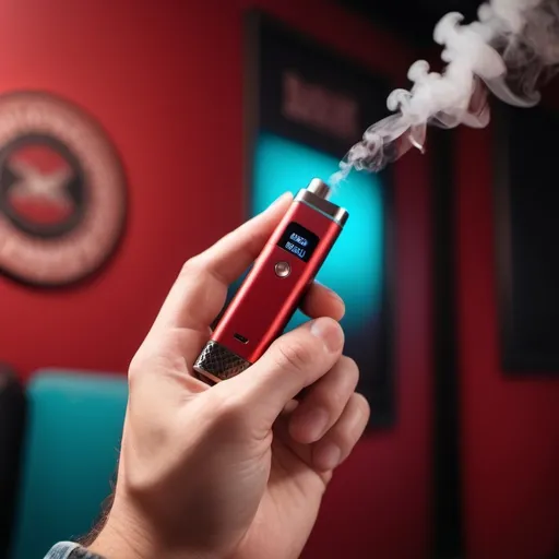 Prompt: A hand (delicately grasping) a puff bar, modern design, vibrant red, soft focus background, vibrant colors, warm ambient lighting, high contrast, (4K), ultra-detailed, portrait orientation, emphasis on the texture of the vape device, casual and trendy atmosphere, capturing contemporary culture, stylish accessory in a relaxed setting. 