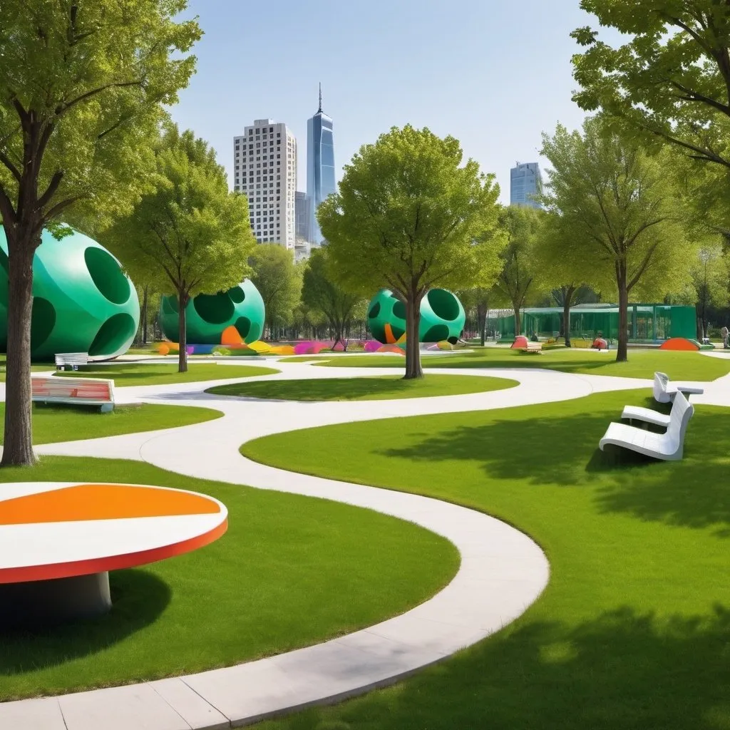 Prompt: a city park with a pop art design but still with a green concept