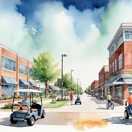 Prompt: Watercolor illustration of Owensboro Kentucky city of the future city scape with bikes, golf carts, walking