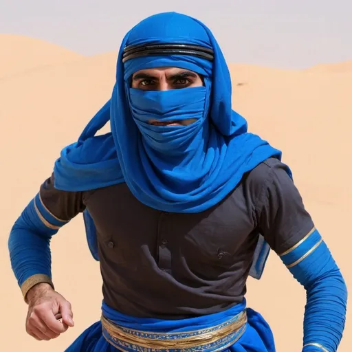 Prompt: Make me a YouTube thumbnail of a blue-clad arab fighting arabian mummies
