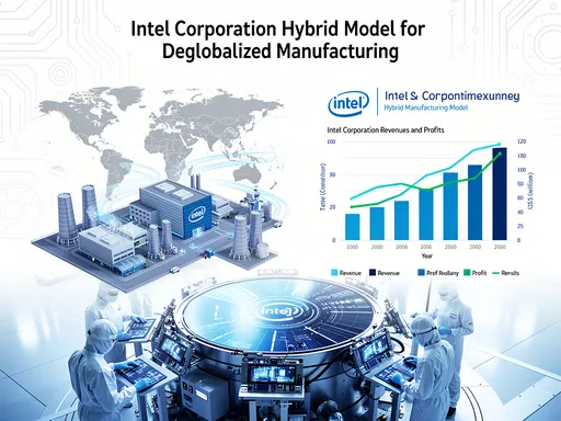 Prompt: CREATE A DESCRIPTION OF THE HYBRID MODEL FOR THE DEGLOBALIZATION OF THE TECHNOLOGY PROCESS OF MANUFACTURING INTEL CORP PARTS. INTEL IS THE MAIN TOPIC AND MAKE A GRAPH ON THE REVENUES AND PROFITS. DONT INCLUDE ANYTHING OTHER THAN INTEL CORPORATION. MAKE EACH IMAGE A DIFFERENT VERSION.