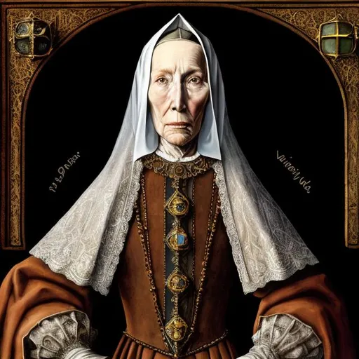 Prompt: A dignified portrait of Margaret Beaufort in Tudor dress, embodying strength and wisdom, in oil painting style