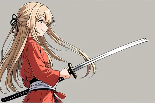 Prompt: anime, best quality, 1girl, simple background, long hair, extremely detailed 8K wallpaper, from side, smile, holding a katana