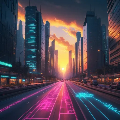 Prompt: neural network, sun, road, cars, beautiful neon city in the distance, skyscrapers, road stores, road view level, soft lighting, neural network, future, beautiful, high resolution, 4k
