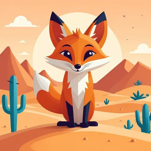 Prompt: illustrations for a book-cover,flat design,simple shapes,vector,colorful,2D,cute cartoon characters, happy desert fox in a desert