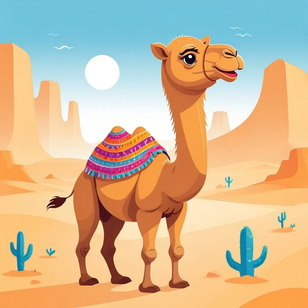 Prompt: illustrations for a book-cover,flat design,simple shapes,vector,colorful,2D,cute cartoon characters, happy baby camel in a desert