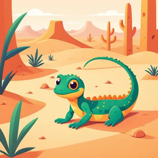 Prompt: illustrations for a book-cover,flat design,simple shapes,vector,colorful,2D,cute cartoon characters, happy small lying gecko in a desert