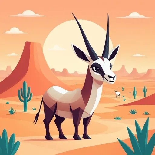 Prompt: illustrations for a book-cover,flat design,simple shapes,vector,colorful,2D,cute cartoon characters, happy oryx in a desert