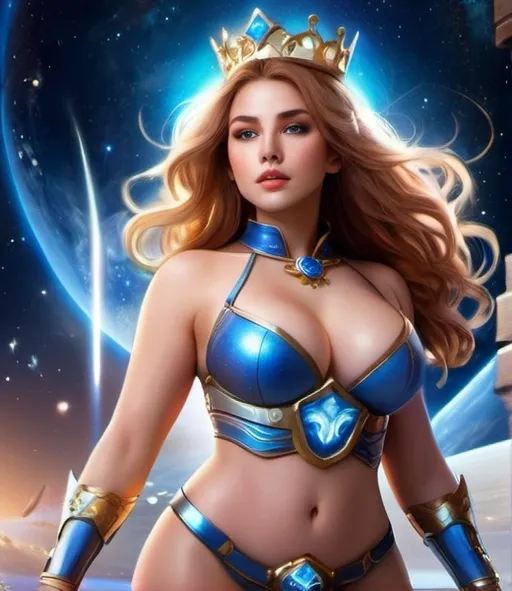 Prompt: fantasy creative zodiac beautiful naughty thick curvy thick thighs thick legs big chest celestial woman half body with female body ,six pack, white skin, (beautiful detailed face and eyes) blue eyes, in space standing looking at the future, surrounded by stars and planets, powerful leader, warrior queen princess, looking rich with crown, puffy,  warrior suit, perfect, melee weapon,