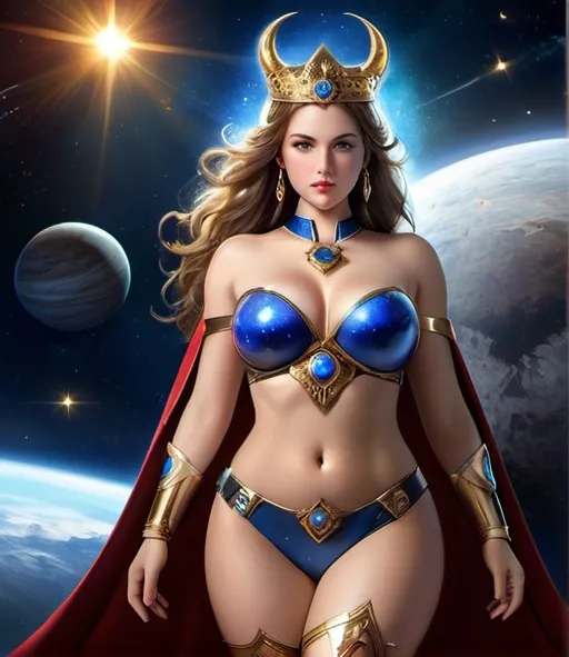 Prompt: fantasy creative zodiac beautiful naughty thick curvy thick thighs thick legs big chest celestial woman half body with female body ,six pack, white skin, (beautiful detailed face and eyes) blue eyes, in space standing looking at the future, surrounded by stars and planets, powerful leader, warrior queen princess, looking rich with crown, puffy,  warrior, perfect, melee weapon, have Aries horns, realistic, detailed, wearing cape, bbc, man part,