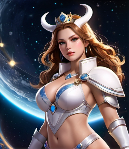 Prompt: fantasy creative zodiac beautiful naughty thick curvy thick thighs thick legs big chest celestial woman half body with female body ,six pack, white skin, (beautiful detailed face and eyes) blue eyes, in space standing looking at the future, surrounded by stars and planets, powerful leader, warrior queen princess, looking rich with crown, puffy,  warrior, perfect, melee weapon, have Aries horns, realistic, detailed, wearing cape, bbc, man part,