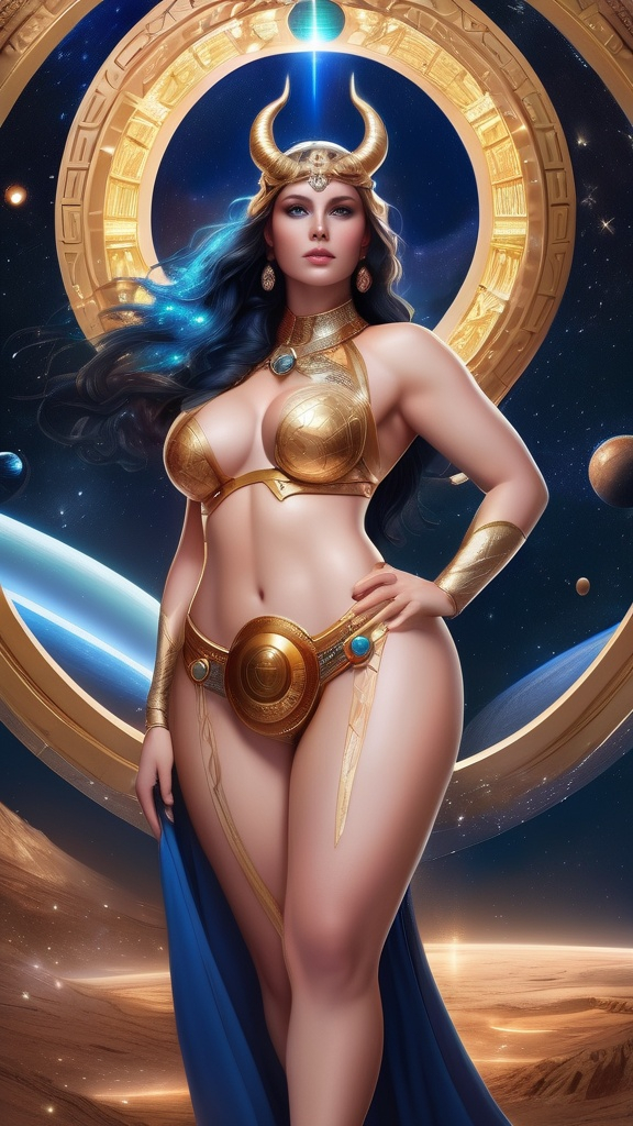 Prompt: fantasy creative zodiac beautiful naughty thick curvy thick thighs thick legs big chest celestial woman half body with female body ,six pack, white skin, (beautiful detailed face and eyes) blue eyes, in space standing looking at the future, surrounded by stars and planets, powerful leader, warrior queen princess, looking rich with Aries horns.