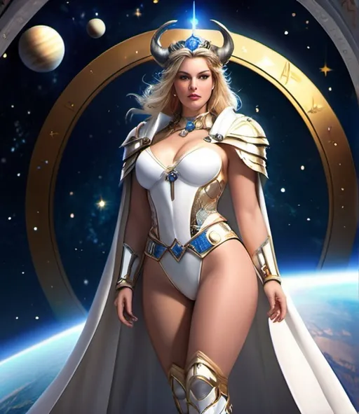 Prompt: fantasy creative zodiac beautiful naughty thick curvy thick thighs thick legs big chest celestial woman half body with female body ,six pack, white skin, (beautiful detailed face and eyes) blue eyes, in space standing looking at the future, surrounded by stars and planets, powerful leader, warrior queen princess, looking rich with crown, puffy,  warrior, perfect, melee weapon, have Aries horns, realistic, detailed, wearing cape, bbc, man part,