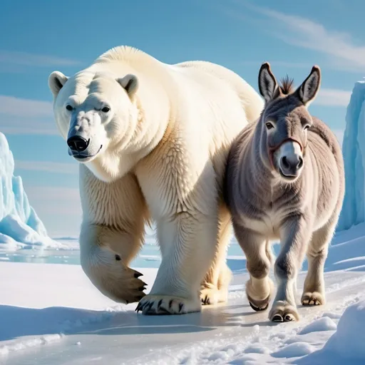 Prompt: A polar bear who has a donkey friend and is walking in the North Pole