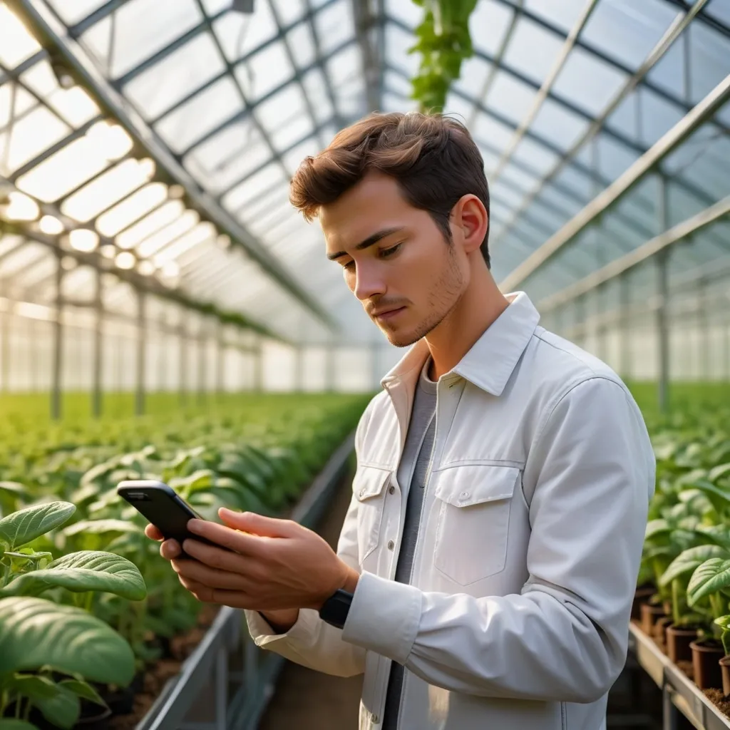 Prompt: A young male agricultural engineer inside a high-tech greenhouse, controlling the environment using a smartphone. The greenhouse is filled with lush green plants, illuminated by natural sunlight filtering through the transparent roof. Large digital monitoring screens display real-time sensor data, including temperature, humidity, and CO₂ levels. The interior has an advanced, engineering-driven aesthetic, featuring automated irrigation systems, IoT devices, and modern agricultural machinery. The atmosphere is futuristic and innovative, showcasing smart farming technology.