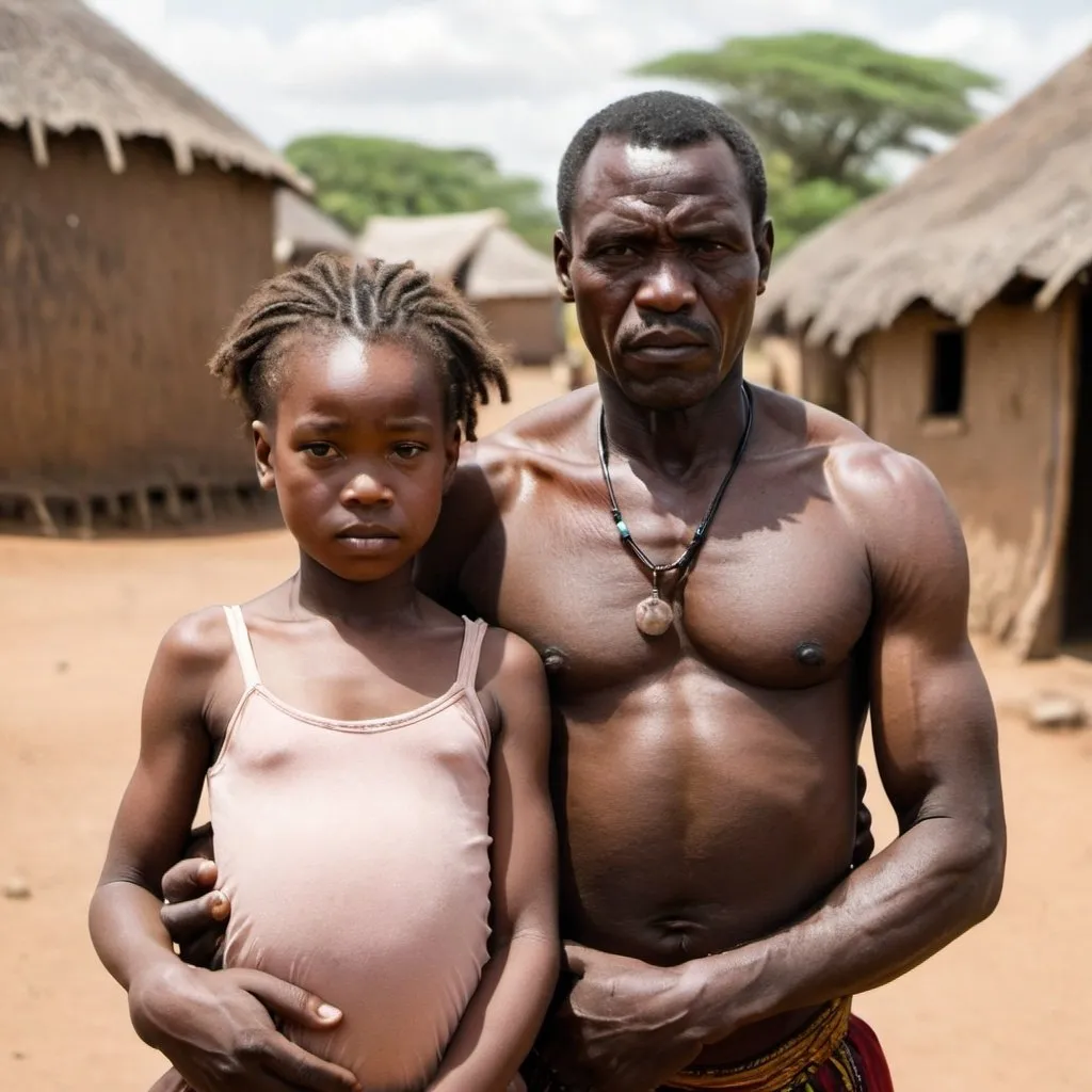 Prompt: A serious strong African man, with his daughter in a African tribe village