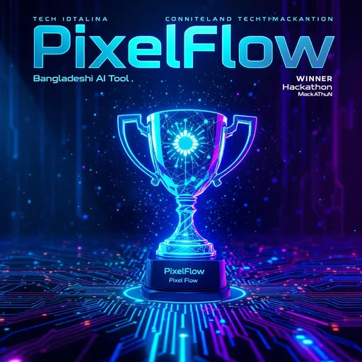 Prompt: A futuristic tech award announcement for 'PixelFlow', a Bangladeshi AI tool winning a hackathon. Show a glowing trophy on a circuit-board background with digital particles, neon blue/purple lighting, and bold modern text. Style: Tech magazine cover, sleek and vibrant