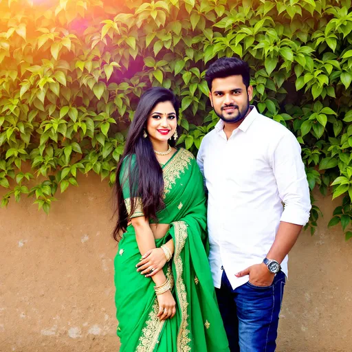 Prompt: Bathed in warm sunlight, a couple stands against a lush backdrop of vibrant green leaves, creating a picturesque outdoor scene. The woman wears an elegant green saree adorned with intricate golden embroidery, her long hair cascading down her back as she strikes a confident pose with a subtle smile, emphasizing her bright red lipstick. Beside her, a man exudes casual charm in a crisp white shirt and blue jeans, standing with one hand resting on his hip. Their expressions reflect a sense of joy and togetherness, enhanced by the earthy tones of the ground and the textured wall behind them, suggesting a relaxed day out in a natural setting.