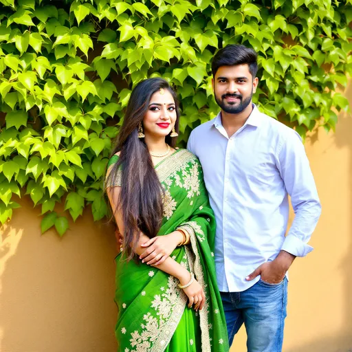 Prompt: Bathed in warm sunlight, a couple stands against a lush backdrop of vibrant green leaves, creating a picturesque outdoor scene. The woman wears an elegant green saree adorned with intricate golden embroidery, her long hair cascading down her back as she strikes a confident pose with a subtle smile, emphasizing her bright red lipstick. Beside her, a man exudes casual charm in a crisp white shirt and blue jeans, standing with one hand resting on his hip. Their expressions reflect a sense of joy and togetherness, enhanced by the earthy tones of the ground and the textured wall behind them, suggesting a relaxed day out in a natural setting.