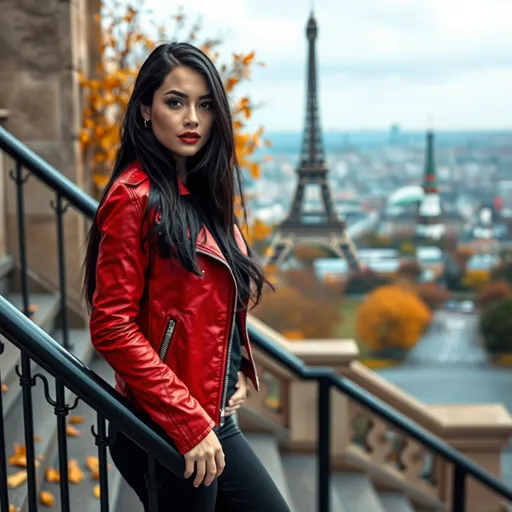 Prompt: The art of airbrushing. 3D art. A very beautiful European woman with long black hair is standing on the stairs wearing black pants and a red leather jacket. Autumn is here. Behind it is a very nice view of the Eiffel Tower and the city beyond. elegant artwork, extremely detailed, crisp quality. matte background. everything is beautiful and refined. Sharp focus.