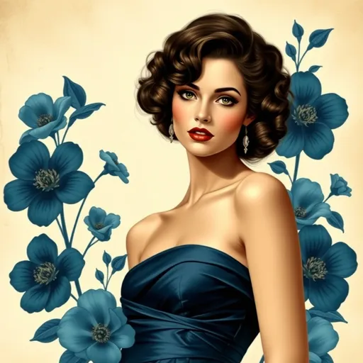 Prompt: Create a vintage portrait of an elegant European woman with glamorous curls and a striking expression. She is wearing a dark blue satin dress that accentuates her slender neck and shoulders. surround her with large stylized flowers in various shades of blue, creating a dreamy atmosphere. the artwork should have a soft, muted background to emphasize the central figure, reflecting a classic, sophisticated style