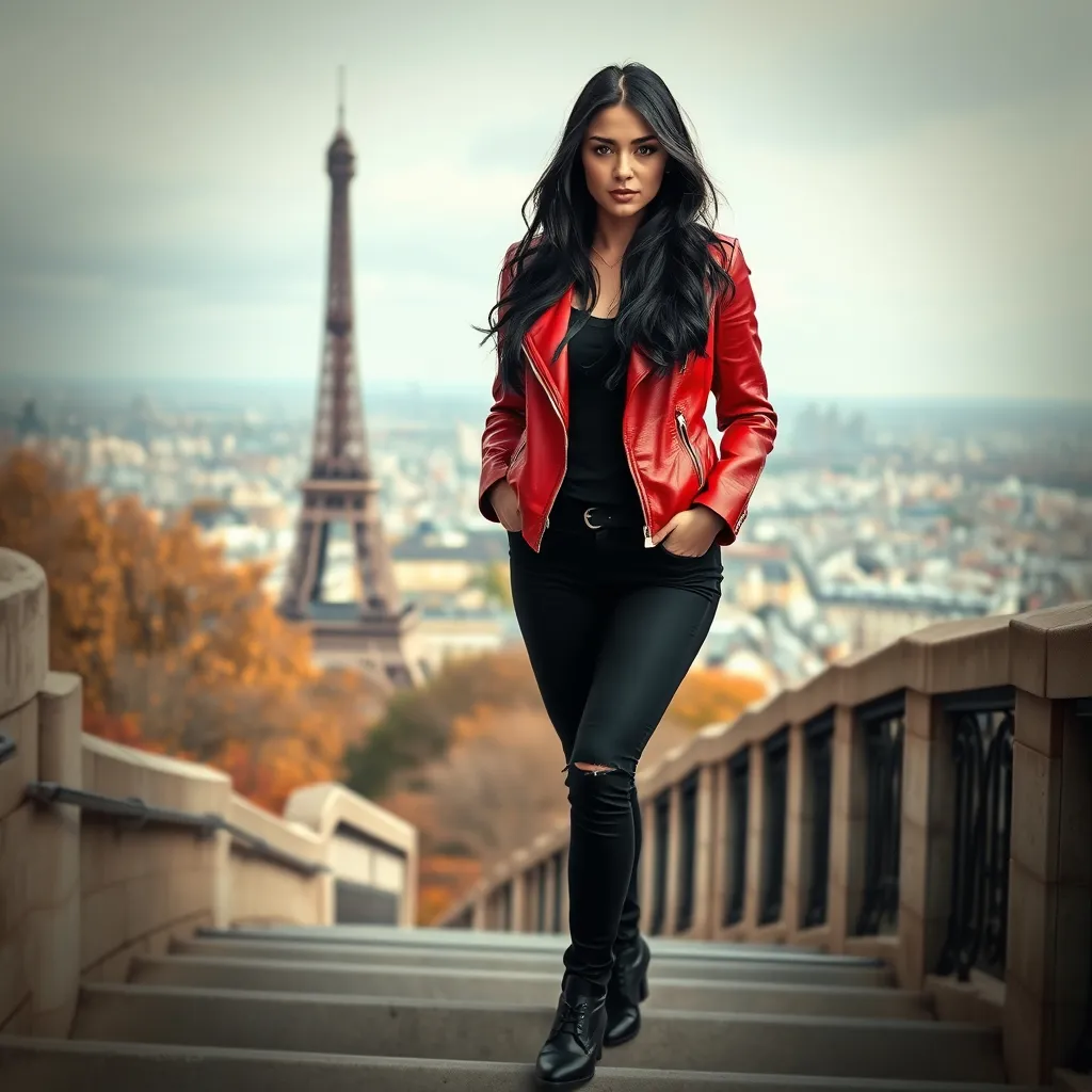 Prompt: The art of airbrushing. 3D art. A very beautiful European woman with long black hair is standing on the stairs wearing black pants and a red leather jacket. Autumn is here. Behind it is a very nice view of the Eiffel Tower and the city beyond. elegant artwork, extremely detailed, crisp quality. matte background. everything is beautiful and refined. Sharp focus.