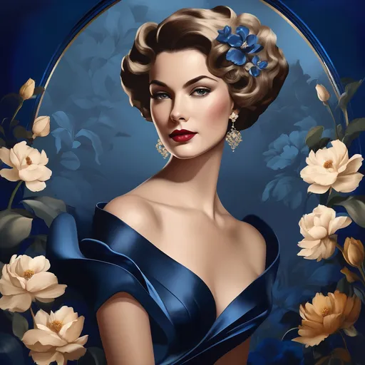 Prompt: Create a vintage portrait of an elegant European woman with glamorous curls and a striking expression. She is wearing a dark blue satin dress that accentuates her slender neck and shoulders. surround her with large stylized flowers in various shades of blue, creating a dreamy atmosphere. the artwork should have a soft, muted background to emphasize the central figure, reflecting a classic, sophisticated style