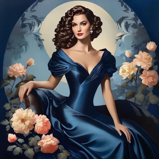 Prompt: Create a vintage portrait of an elegant European woman with glamorous curls and a striking expression. She is wearing a dark blue satin dress that accentuates her slender neck and shoulders. surround her with large stylized flowers in various shades of blue, creating a dreamy atmosphere. the artwork should have a soft, muted background to emphasize the central figure, reflecting a classic, sophisticated style