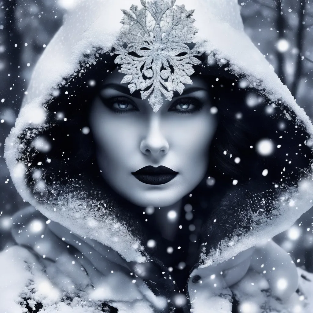 Prompt: photonegative refractograph polkadot haute couture, mysterious ghostly lady of the snowy forest, snowy scene, encaustic Painting, decoupage,facial closeup