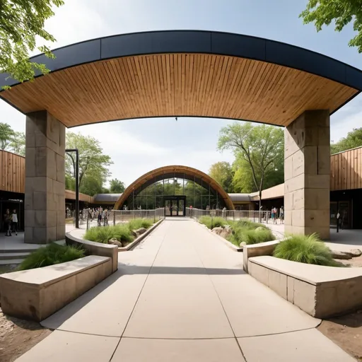 Prompt: A modern, natural zoo entrance with a wide-angle view