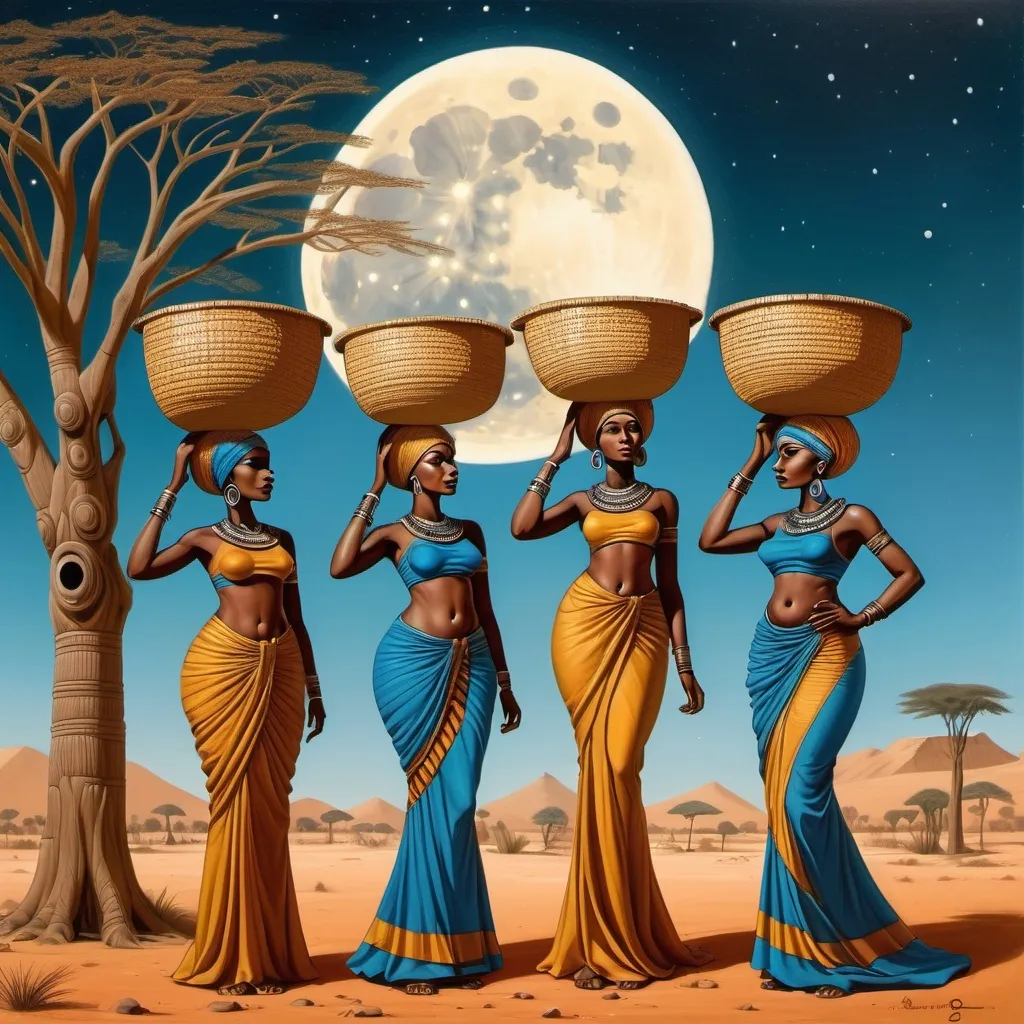 Prompt: three women in african dress carrying baskets on their heads and standing in front of a tree with a moon in the background, Chinwe Chukwuogo-Roy, afrofuturism, beautiful detailed, egyptian art