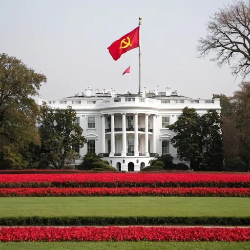 Prompt: THE WHITEHOUSE WITH THE MARXIST FLAG ON TOP