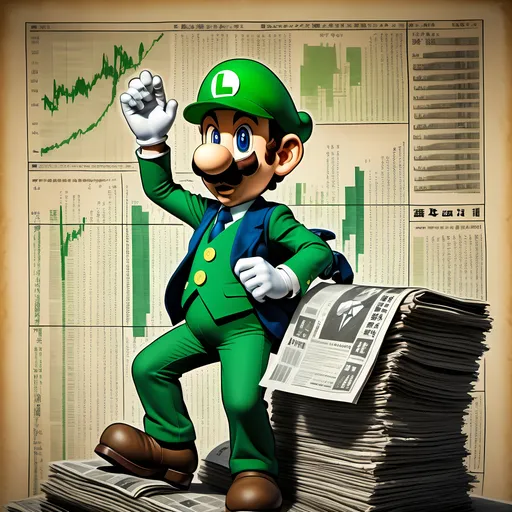 Prompt: a japanese cartoon of luigi from nintendo as a mounteneer climbing stock chart that is made of financial newspapers, he is a wallstreet algotrader like matrix dress luigi like invesment banker