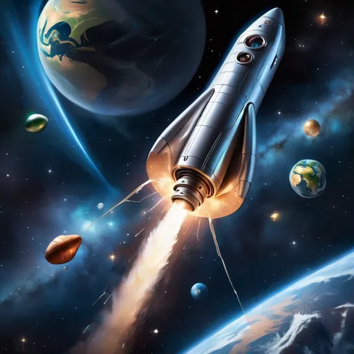 Prompt: A digital painting of a sleek spacecraft launching into a starry abyss, carrying a metallic capsule containing a collection of photographs representing Earth and its people.