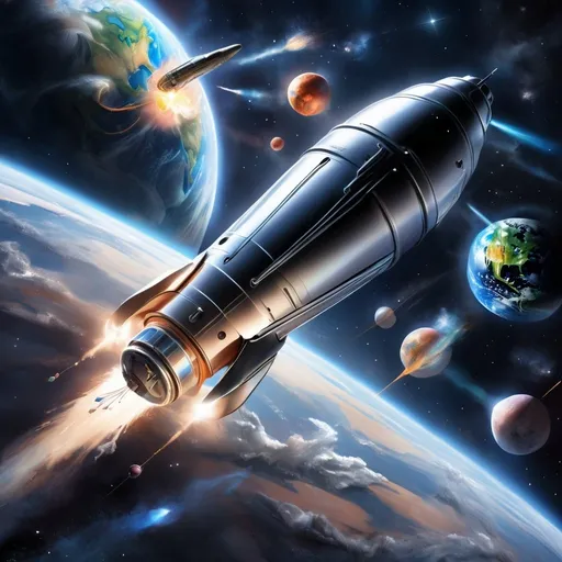 Prompt: A digital painting of a sleek spacecraft launching into a starry abyss, carrying a metallic capsule containing a collection of photographs representing Earth and its people.with the words Earths Momenta 2025 clearly readable down the side of the capsule