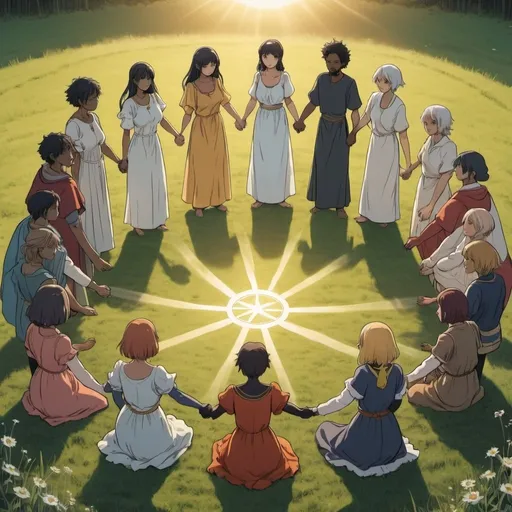 Prompt: tarot card Anime illustration,  image of a diverse group of people from all walks of life holding hands in a circle on a grassy field, bathed in warm sunlight.