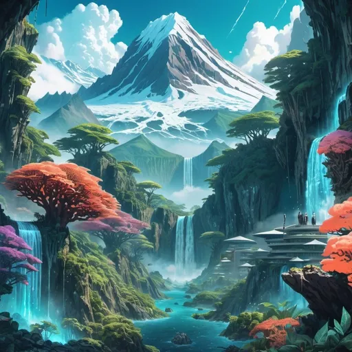 Prompt: Anime cyberpunk style, high-resolution collage showcasing Earth's natural wonders: majestic snow-capped mountains, vibrant coral reefs teeming with life, vast waterfalls cascading down lush foliage.