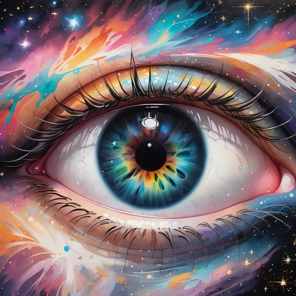 Prompt: Colorful graffiti illustration of a * A close-up photo of a single human eye, filled with wonder and curiosity, gazing up at a breathtaking night sky filled with stars and galaxies. 