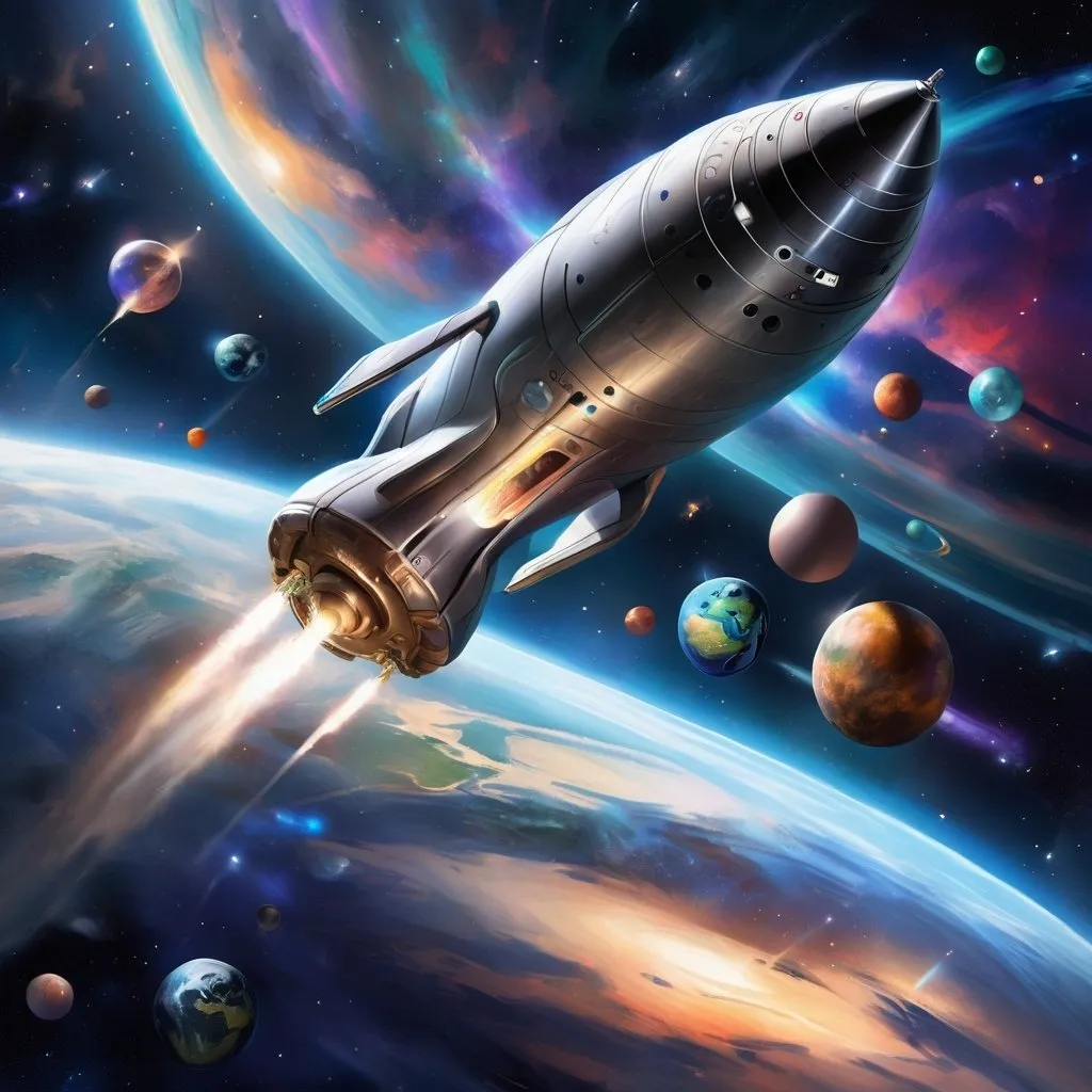 Prompt: A digital painting of a sleek spacecraft launching into a starry abyss, carrying a metallic capsule with “Earths Momenta” graffiti painted on the side containing a collection of photographs representing Earth and its people.