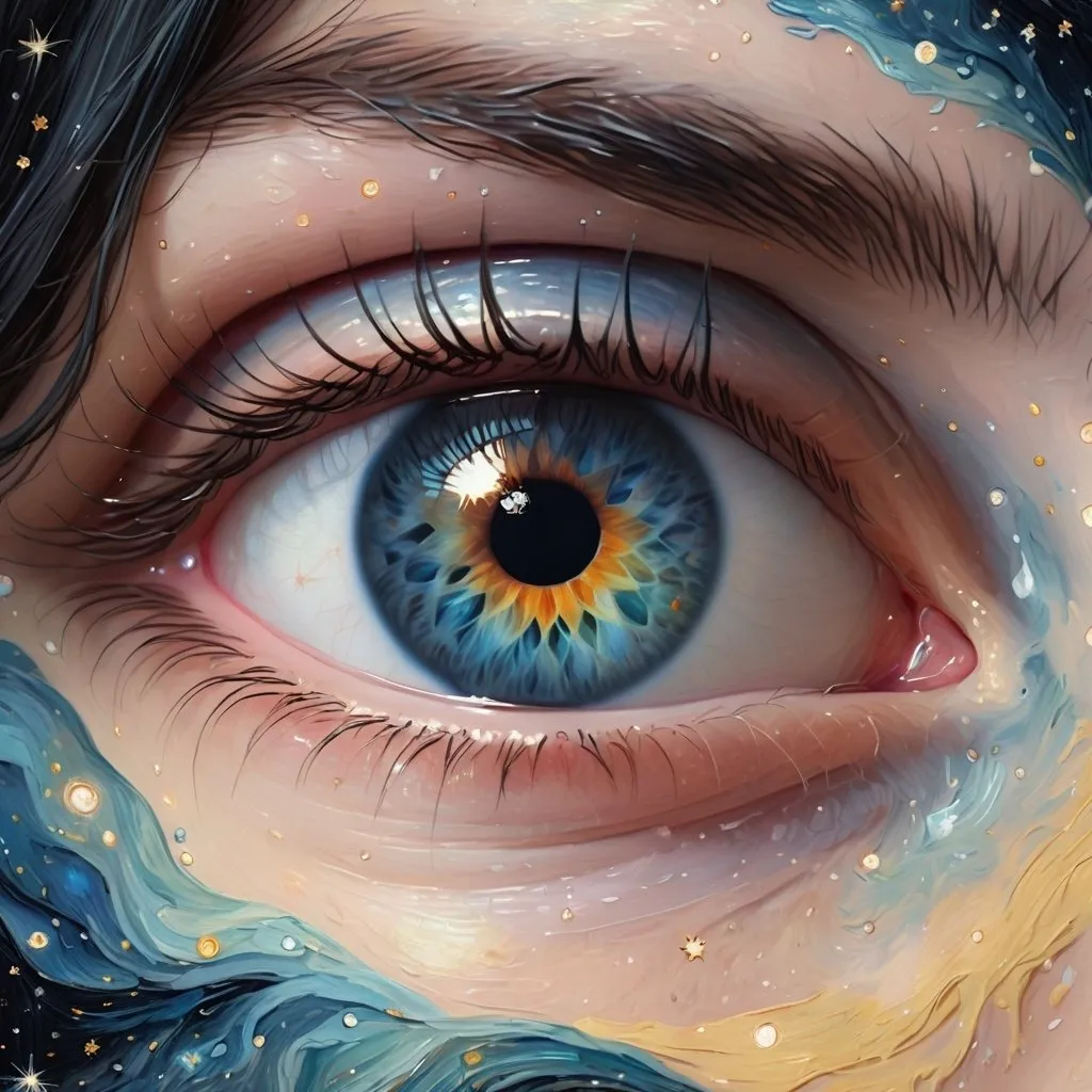 Prompt: Super realistic painting in the style of van gogh of a * A close-up photo of a single human eye, filled with wonder and curiosity, gazing up at a breathtaking night sky filled with stars and galaxies. 