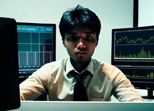 Prompt: Create the image of a super ICT trader wearing black sunglasses sitting in an office with price chart screens