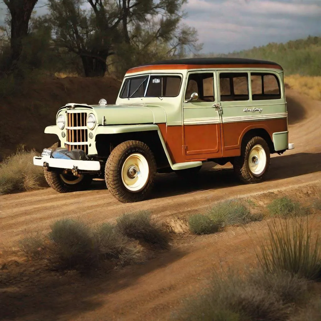 Prompt: 1955 Willys Jeep Wagon. Driving down Dirt/Gravel road