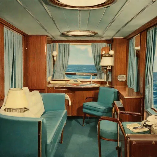 Prompt: 1950s Ocean liner cabin suite, SS America, SS United States. Vintage modern. Detailed, High Quality