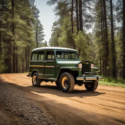 Prompt: 1955 Willys Jeep Wagon. Driving down Dirt/Gravel road